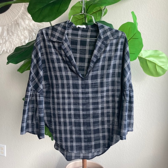 TOME New York check flutter sleeve henley blouse - Picture 3 of 14